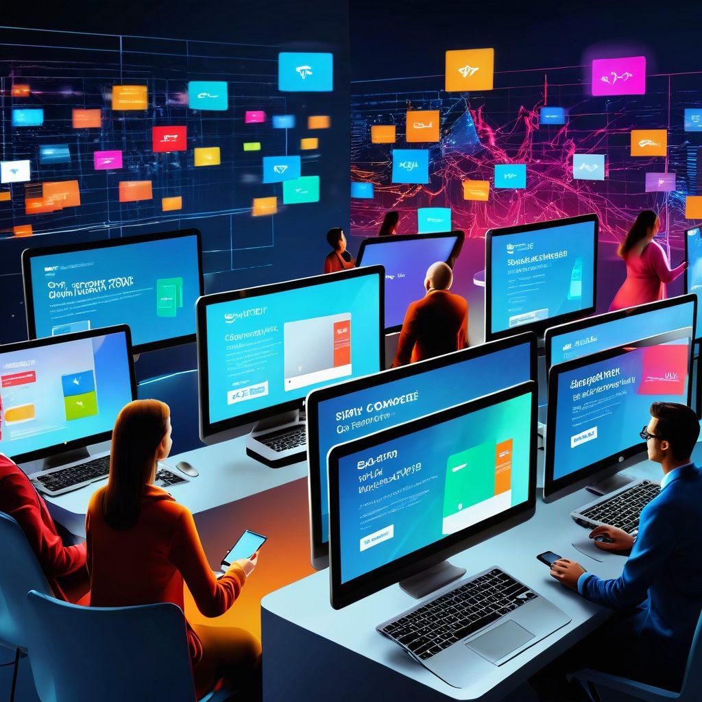 A dynamic scene capturing an intense digital auction environment, featuring a diverse group of bidders enthusiastically competing on their laptops with vibrant screens showcasing various products. Include visual elements representing e-commerce solutions like shopping carts and payment apps. Incorporate subtle graphics of rising bids and animated charts to emphasize the competitive atmosphere. The background should be a blend of technology and marketplace motifs, conveying the excitement of online bidding wars. vibrant colors. 3D. hyper-realistic.