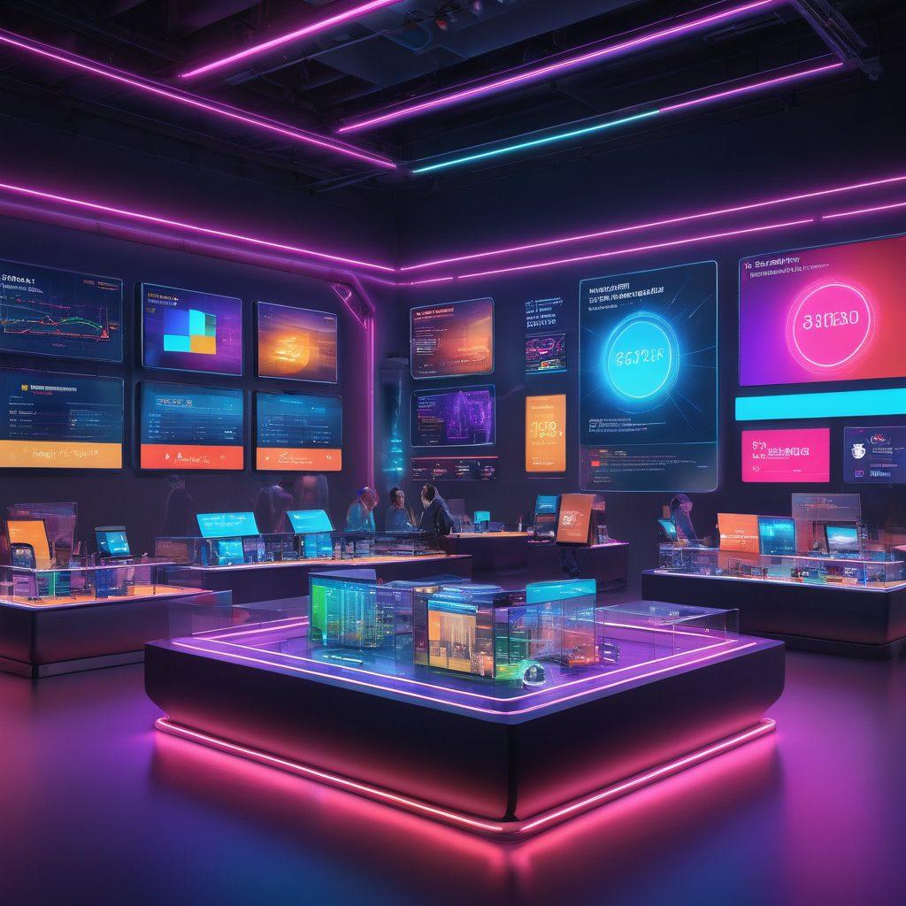 A dynamic digital marketplace scene showcasing diverse users engaged in lively online bidding, with colorful auction items prominently displayed. Include elements that represent various bidding strategies like graphs and charts showcasing trends and analytics, set in a futuristic tech-enhanced environment with bright neon lights. super-realistic. vibrant colors. 3D.